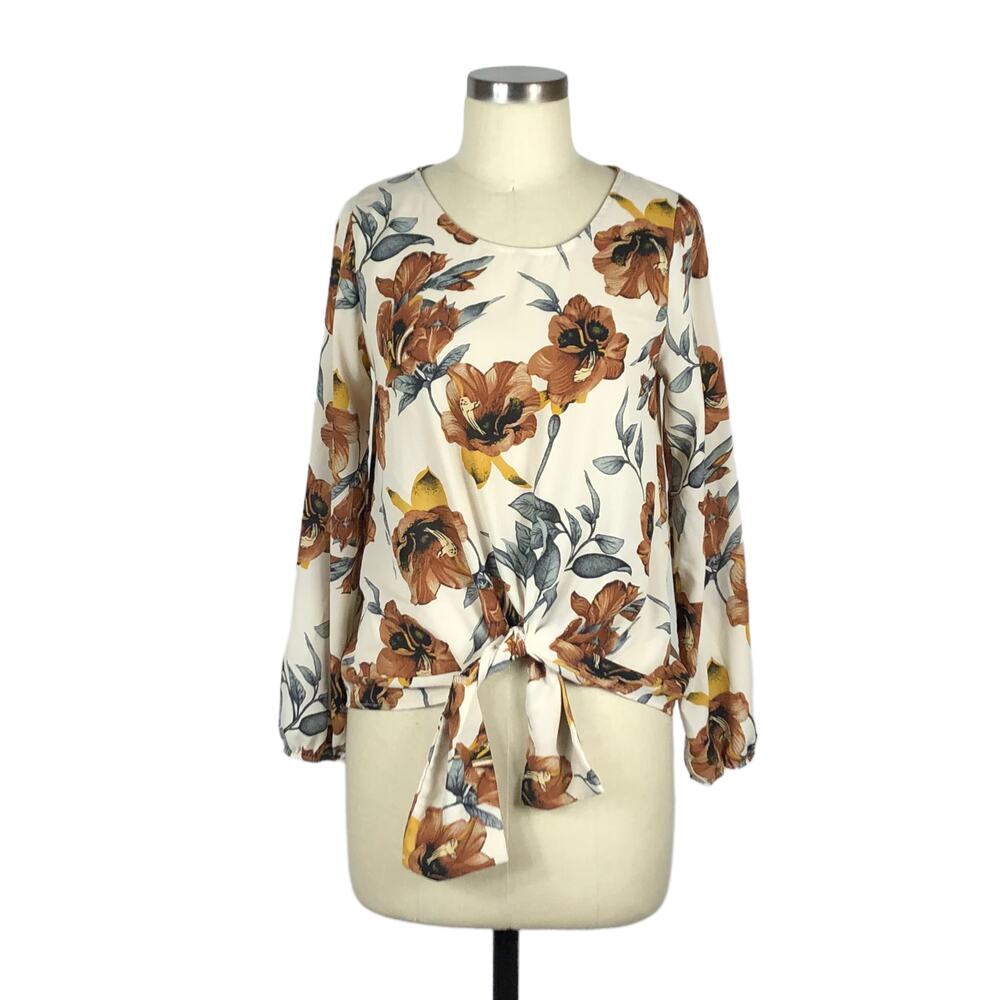 WEST KEI Cream‎ Floral Popover Blouse Front Tie Size XS Chiffon Top